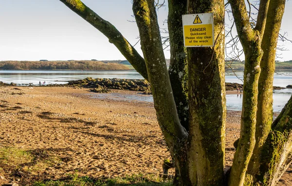 Areia Movediça Perigosa Por Favor Desimpeça Sinal Naufrágio Uma Árvore — Fotografia de Stock