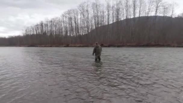 Man Fly Fishing Spey Casting River Salmon Steelhead Spring Region — Wideo stockowe