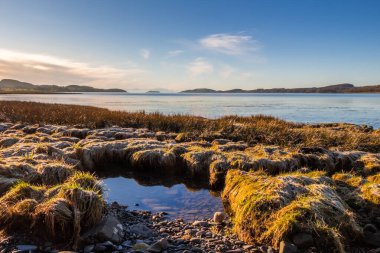 Soğuk, Kirkcudbright körfezinin kıyı şeridinde, güneşli bir kış gününde, Dumfries ve Galloway, İskoçya