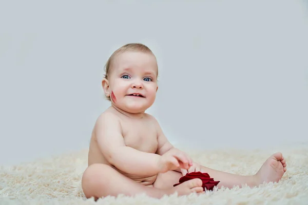 A small child lies on the back and pulls his legs and hands up. Kid on a white veil in rose petals. — Stock Photo, Image