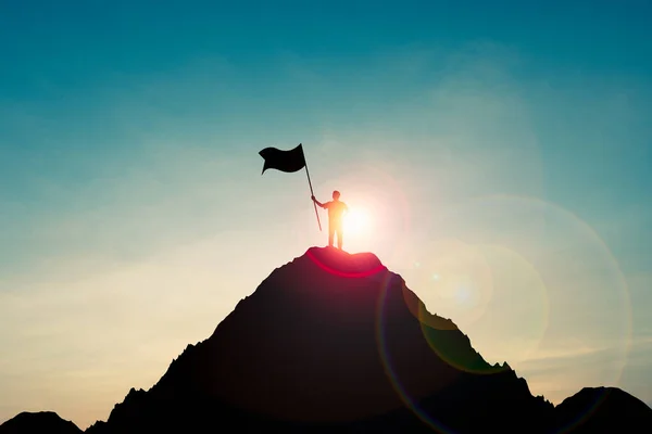 Silhouette Businessman Holding Flag Top Mountain Blue Sky Sunlight Symbol — Stock Photo, Image