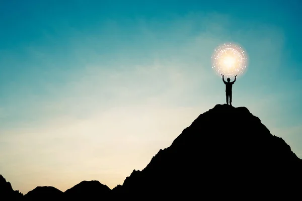 Silhouette Businessman Holding World Connection Line Top Mountain Blue Sky — Stock Photo, Image