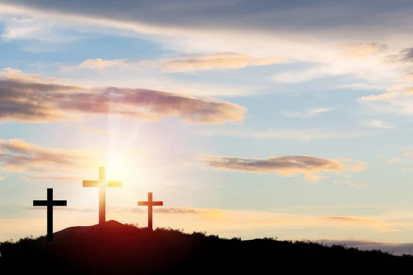 Silhouette Three Cross Crucifixion Jesus Christian Top Mountain Sunlight Clouds — Stock Photo, Image