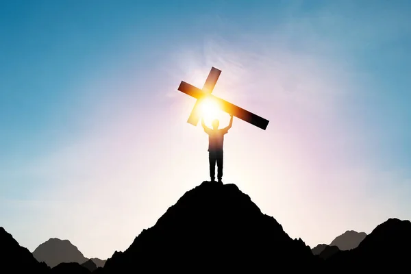 Silhouette Human Holding Cross Crucifixion Jesus Christian Top Mountain Sunlight — Stock Photo, Image