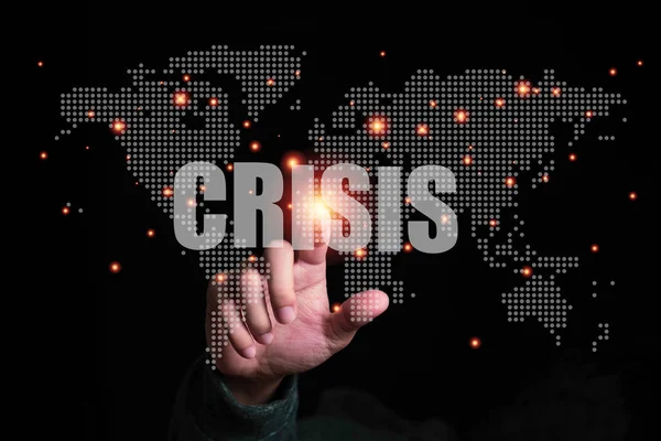 Wirtschaftskrise Aufgrund Der Covid Pandemie Geschäftsmann Berührt Virtuelle Weltkarte Mit — Stockfoto