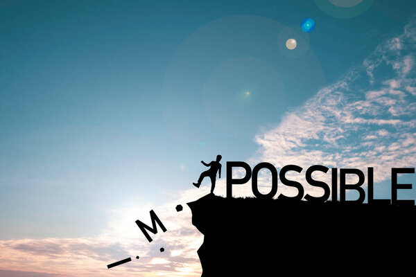 Silhouette Homme Coups Pied Alphabet Falaise Pour Changer Impossible Possible — Photo