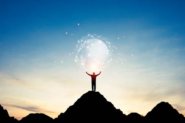 Silhouette Man Stands Top Mountain His Hands Carry World Connection — Stock Photo, Image