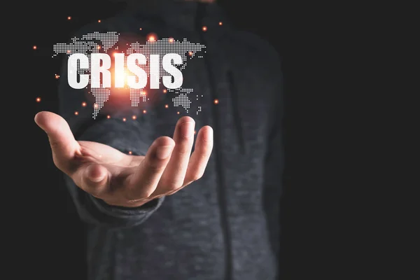 Geschäftsmann Hält Weltkarte Mit Krisenformulierung Händen — Stockfoto