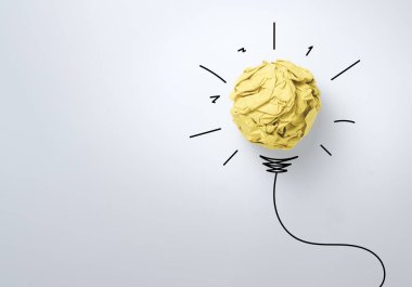 Sanal ampul için resimli sarı kağıt küre. Yaratıcı düşünce ve yenilik kavramı..