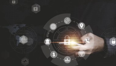 İşadamı cep telefonu sistemine ulaşmak için ikili numaraları ve teknoloji güvenlik sistemini kullanıyor..