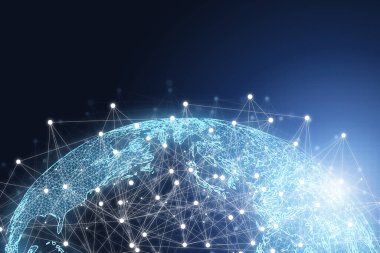 Bağlantı hattı ve parlayan ışığa sahip dünya, iş ve teknoloji yeniliği için küresel ağlar ve büyük veri dönüşüm kavramı