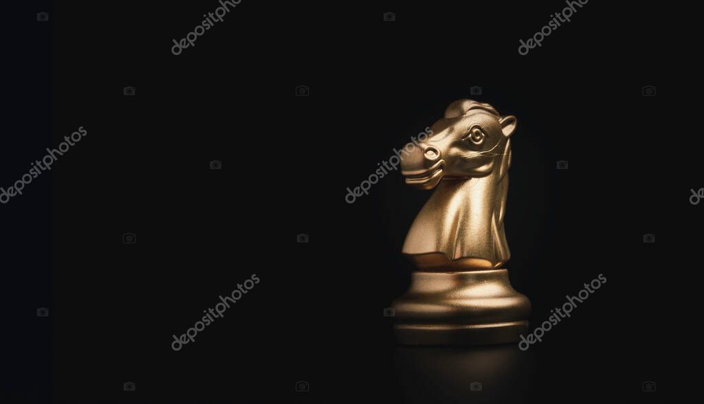 Golden knight horse chess on black background, business strategy concept.