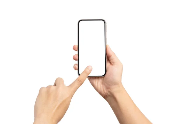 Isolado Mão Segurando Smartphone Com Quadro Tela Branco Fundo Branco — Fotografia de Stock