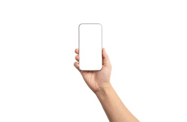 Model reklam ve sosyal medya, iş teknolojisi kavramı ve kırpma yolu eklemek için Akıllı Telefonun veya cep telefonunun boş ekran çerçevesini tutan El 'in izole edilmesi.