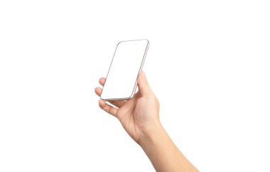 Model reklam ve sosyal medya, iş teknolojisi kavramı ve kırpma yolu eklemek için Akıllı Telefonun veya cep telefonunun boş ekran çerçevesini tutan El 'in izole edilmesi.