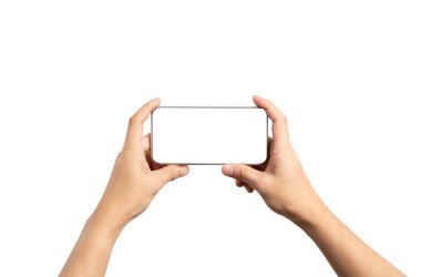 Model reklam ve sosyal medya, iş teknolojisi kavramı ve kırpma yolu eklemek için Akıllı Telefonun veya cep telefonunun boş ekran çerçevesini tutan El 'in izole edilmesi.