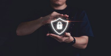 Man hand protect virtual key lock for data security information and technology concept.