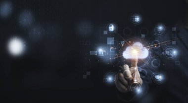 El ele tutuşan bulut bilgisayarları ve teknoloji simgeleri, bulut teknolojisi merkezileştirilmektedir. Toplu yaşam tarzı ve internet bankacılığı, şifre ve alışveriş gibi gizli bilgiler toplanmaktadır..