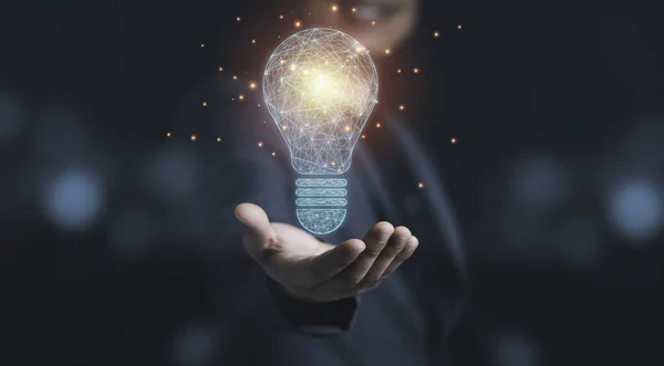 Businessman Holding Drawing Glowing Lightbulb Creative Thinking Ideas Innovation Concept — Zdjęcie stockowe