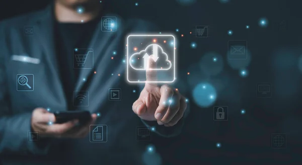 Businessman Touching Virtual Cloud Computing Cloud Computing System Sharing Download — Zdjęcie stockowe