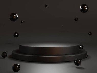 Ürün sunumunu göstermek için koyu arkaplan ve siyah toplara sahip minimal yuvarlak siyah renkli boş podyum, 3 boyutlu yorumlama teknik kavramı.