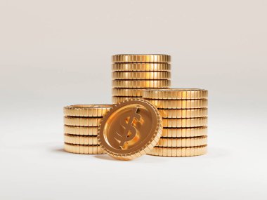 Beyaz arka planda istiflenmiş Amerikan Doları paralarından izole edilmiş, 3 boyutlu teknik kavram.