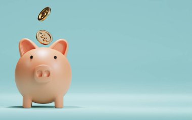 Amerikan dolarları mavi arka planda ve kopyalama alanında tasarruf bankasına düşüyor, para 3 boyutlu oluşturma kavramından tasarruf ediliyor.