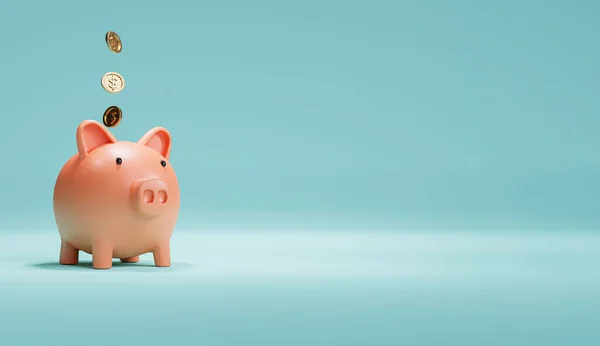 Pink piggy bank and US dollar coins falling on blue background for money saving and deposit concept , creative ideas by 3D rendering technique.