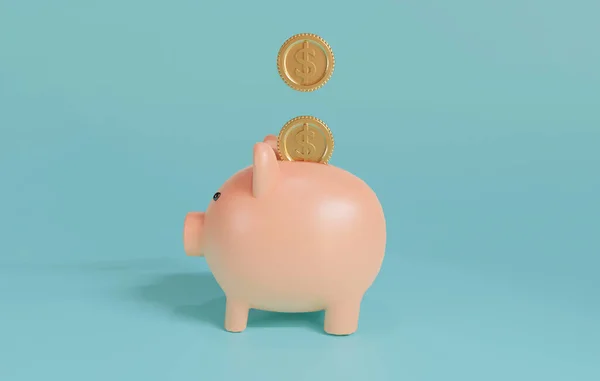 Pink Piggy Bank Moedas Dólar Dos Eua Caindo Fundo Azul — Fotografia de Stock