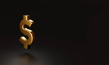 Koyu arkaplan ve fotokopi uzayı üzerindeki gerçekçi Amerikan doları işareti, ABD doları dünyada değiş tokuşun ana para birimidir. 3B görüntüleme ve resimleme tekniği.