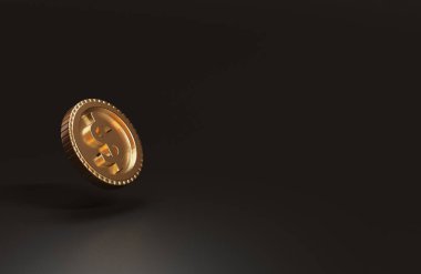 Koyu arkaplan ve fotokopi uzayı üzerine gerçekçi altın Amerikan doları madeni parası. USD dünyada değiş tokuşun ana para birimidir. 3B görüntüleme ve resimleme tekniği.