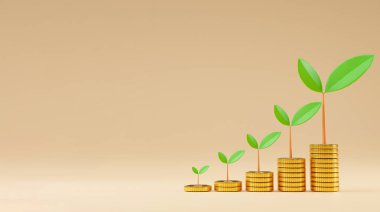 Mevduat tasarrufu ve kar yatırımı konsepti için kopyalama alanı olan gerçekçi madeni paralar istifleme ve büyüme fabrikası, 3 boyutlu oluşturma tekniği.