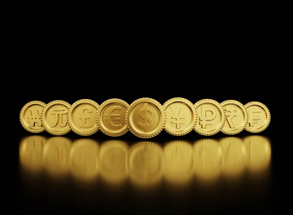 Rendering Golden Currency Coins Exchange Include Dollar Yen Pound Euro — Stock Photo, Image