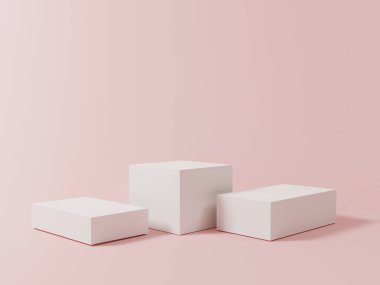Ürün sunumunu göstermek için pembe pastel arka planı olan üç boş küp podyumunun en az beyaz rengi, 3 boyutlu yorumlama tekniği.