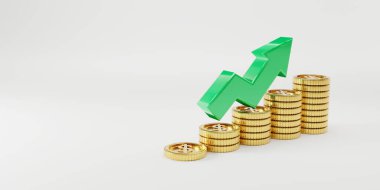 Beyaz arka planda artan yeşil ok ve ekonomik yatırım kârı ve tasarruf kavramından elde edilen faiz yatırımı için kopyalama alanı olan altın sikkeler istifleniyor, 3D oluşturma tekniği.