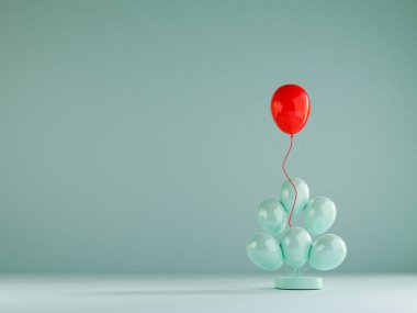 Mavi zemin üzerinde bağlı mavi balonlardan süzülen kırmızı balon, farklı düşünce, bozulma ve liderlik için kalabalıktan olağanüstü performans.