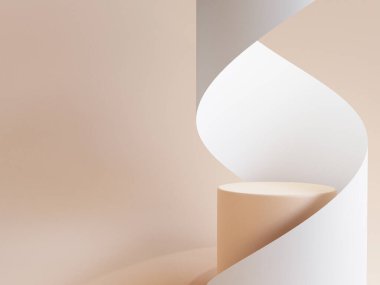 Light pink colour of round podium with rolling white paper for show and display product advertisement such as cosmetic by 3d render technique.