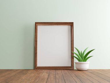 Ahşap fotoğraf çerçevesi ile ahşap zeminde yeşil bitki ve beyaz duvar arkaplanı, 3D görüntüleme.