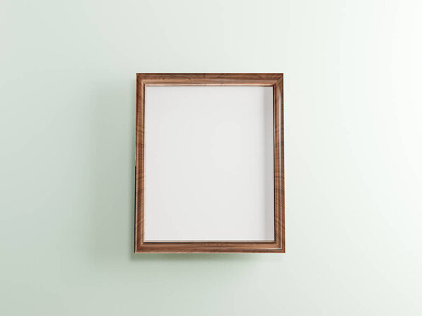 Mock up wooden photo frame with on white wall background , 3d rendering.