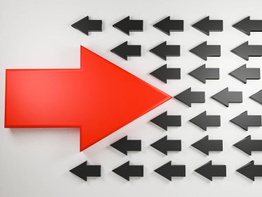 Büyük kırmızı ok, beyaz arka plan, iş ve teknoloji karışıklığı kavramında birçok siyah okla zıt yönde hareket ediyor. 3d oluşturma