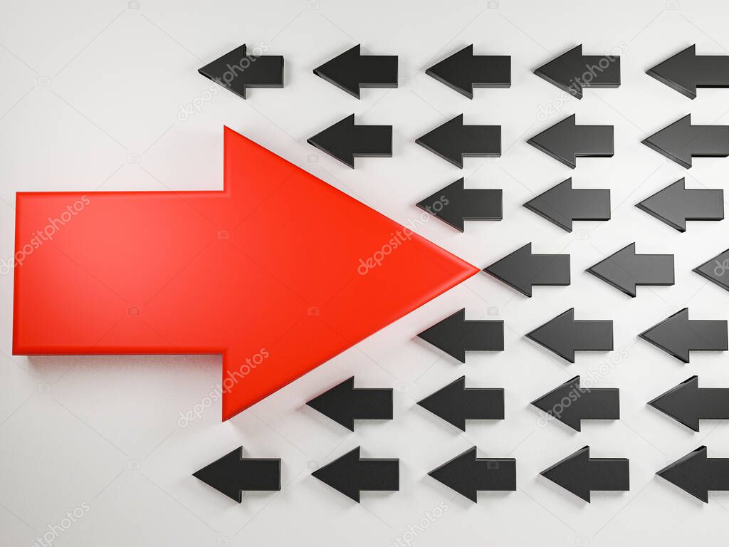 Big red arrow move to opposite way with many black arrows on white background, business and technology disruption concept. 3d rendering