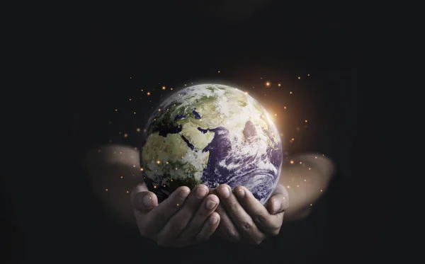 Man Holding Planet Two Hands Earth Day Saving Energy Environment — Stock Photo, Image
