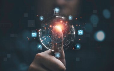 Parmak izini taramak ya da güvenlik sistemine erişmek için dijital işleme biyometrik tanımlama için başparmak kullanan kişi arasında internet bankacılığı, bulut sistemi ve cep telefonu, siber güvenlik kavramı yer alıyor.