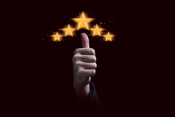 Hand Thumb Rise Five Golden Stars Client Excellent Rating Customer — Stock Photo, Image