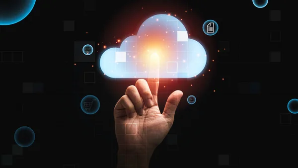 Man hand touching virtual cloud computing for download  upload data information , Technology transformation concept.