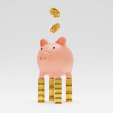Pembe domuzcuk bankacılığı, altın sikkelerin üzerinde duruyor ve beyaz arka plana üç boyutlu olarak bozuk para bırakıyor..