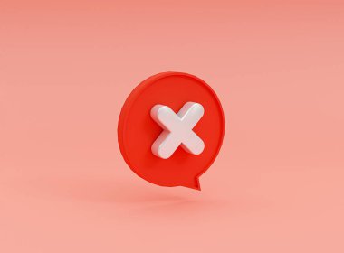 Çapraz işaretin kırmızı arkaplanındaki yanlış baloncuk içerisindeki simge 3d oluşturma ile izole edildi.