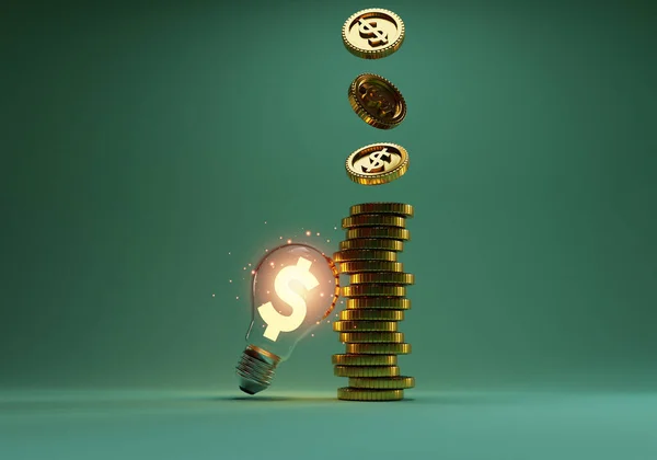 通过3D渲染技术 金元标志在透明灯泡内闪烁着光芒 硬币堆放和投下 以进行创造性思维和解决问题 可以赚更多的钱 — 图库照片