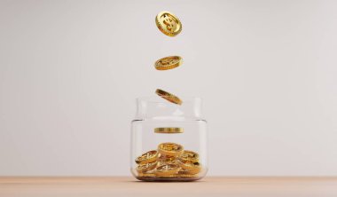 Yatırım ve bankacılık tasarruf mevduat kavramı için tahtadan masanın üzerine şeffaf tasarruf kavanozuna düşen altın sikke 3D yorumlama.