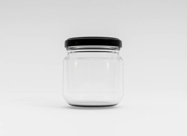 Şeffaf cam kapalı kavanoz izole beyaz zemin üzerinde siyah kaplama 3d görüntüleme.